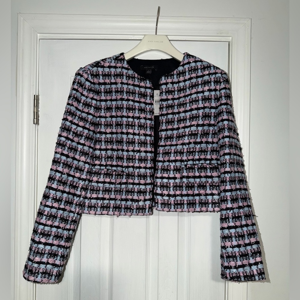 Ann Taylor Pink, Black & Light Blue Tweed Cropped Blazer
